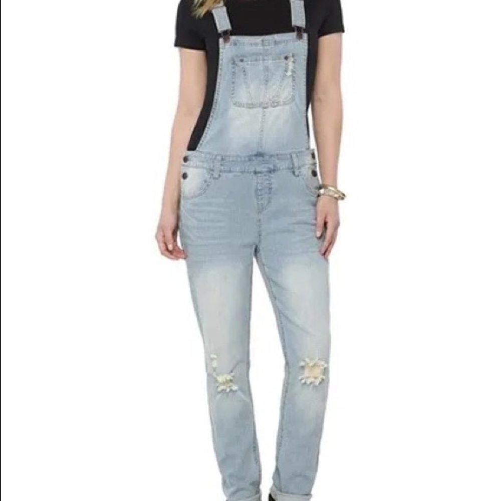 Mossimo Denim Long Distressed Overalls Light Wash.